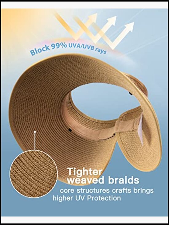 Wide Brim Straw Visor Sun Hat Packable Foldable UPF Protection Beach Vacation main image 4